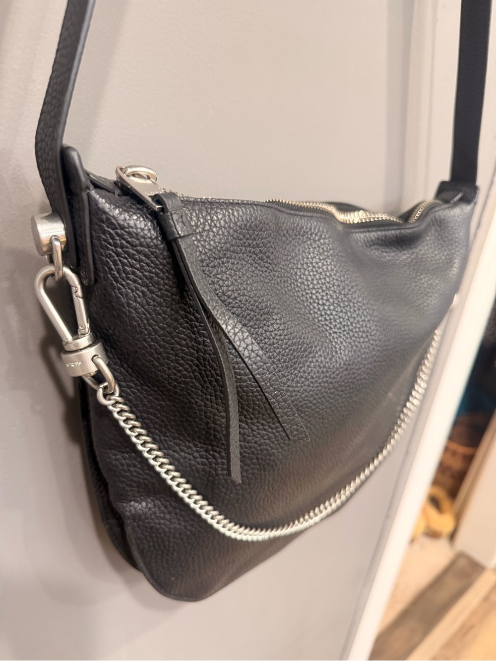 ALL SAINTS-Black Leather Chain-Accent Shoulder bag -BLACK w/Silver Hardware - Picture 2 of 8